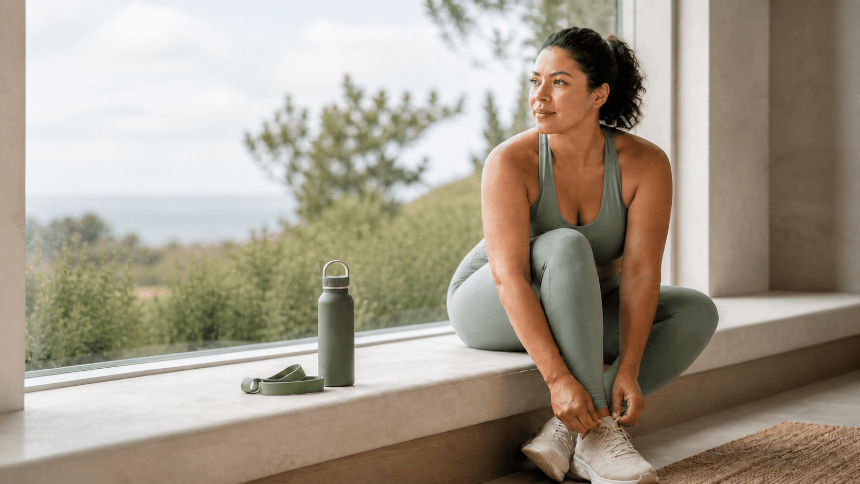 Woman in sage activewear preparing for a workout — Ozari Wellness