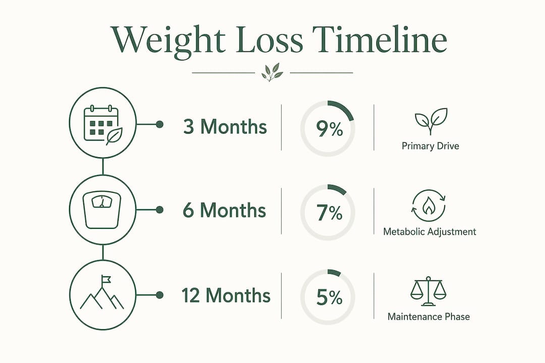 Infographic illustrating GLP-1 weight loss stages over time