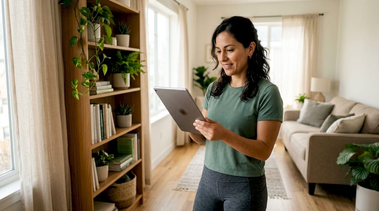 Woman consulting telehealth weight loss program at home