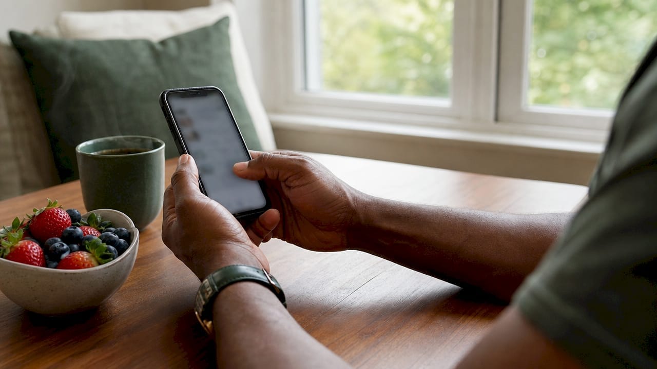 Hands using mobile weight loss program app on couch