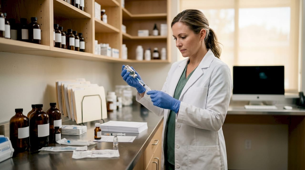 Pharmacist preparing compounded GLP-1 injection in sterile pharmacy
