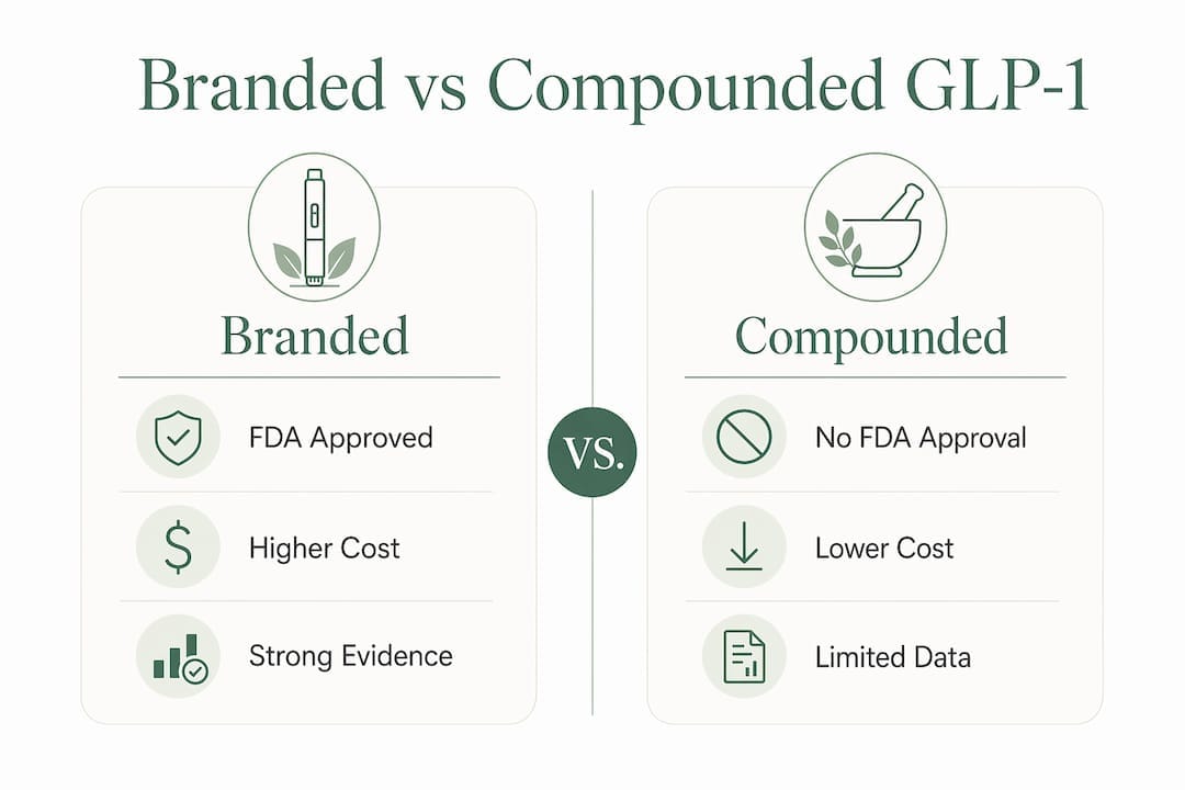Infographic comparing branded and compounded GLP-1 medications