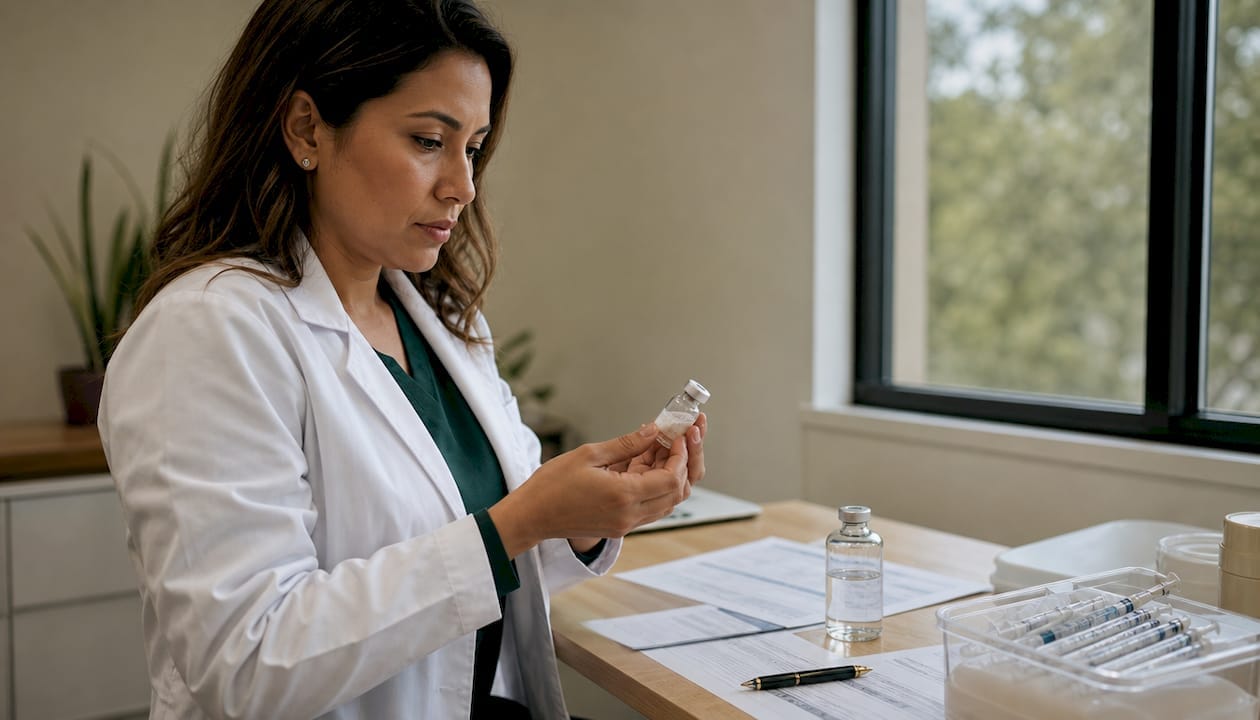 Una farmacéutica examina el medicamento de semaglutida en el mostrador de la farmacia.