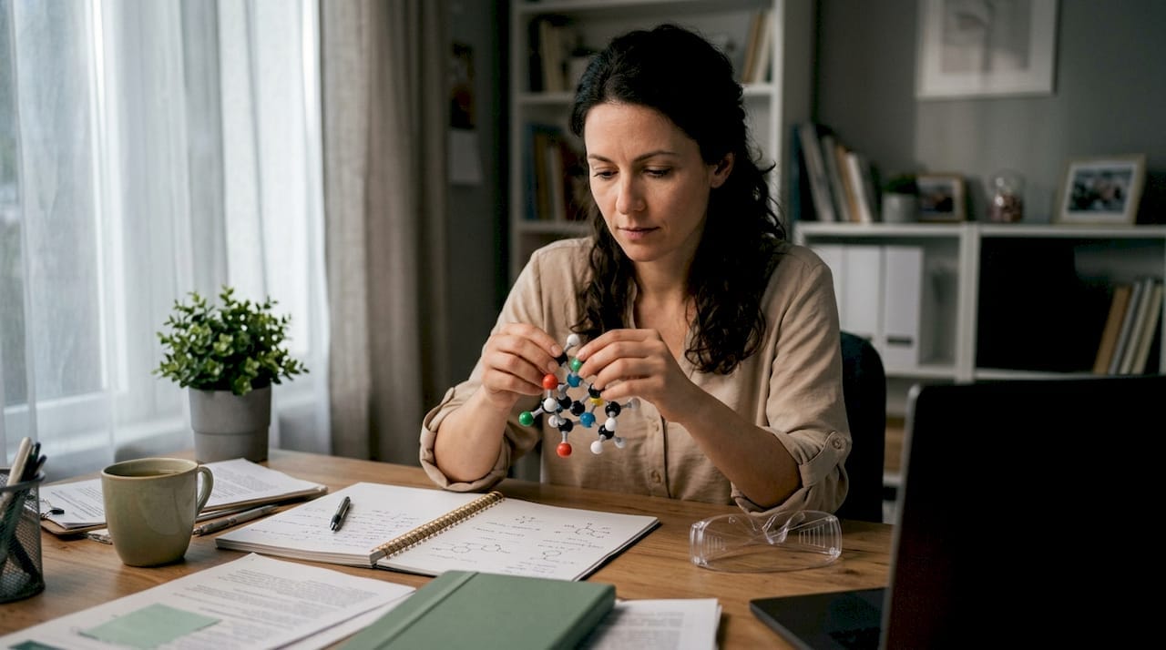 Researcher examining gut hormone model in lab