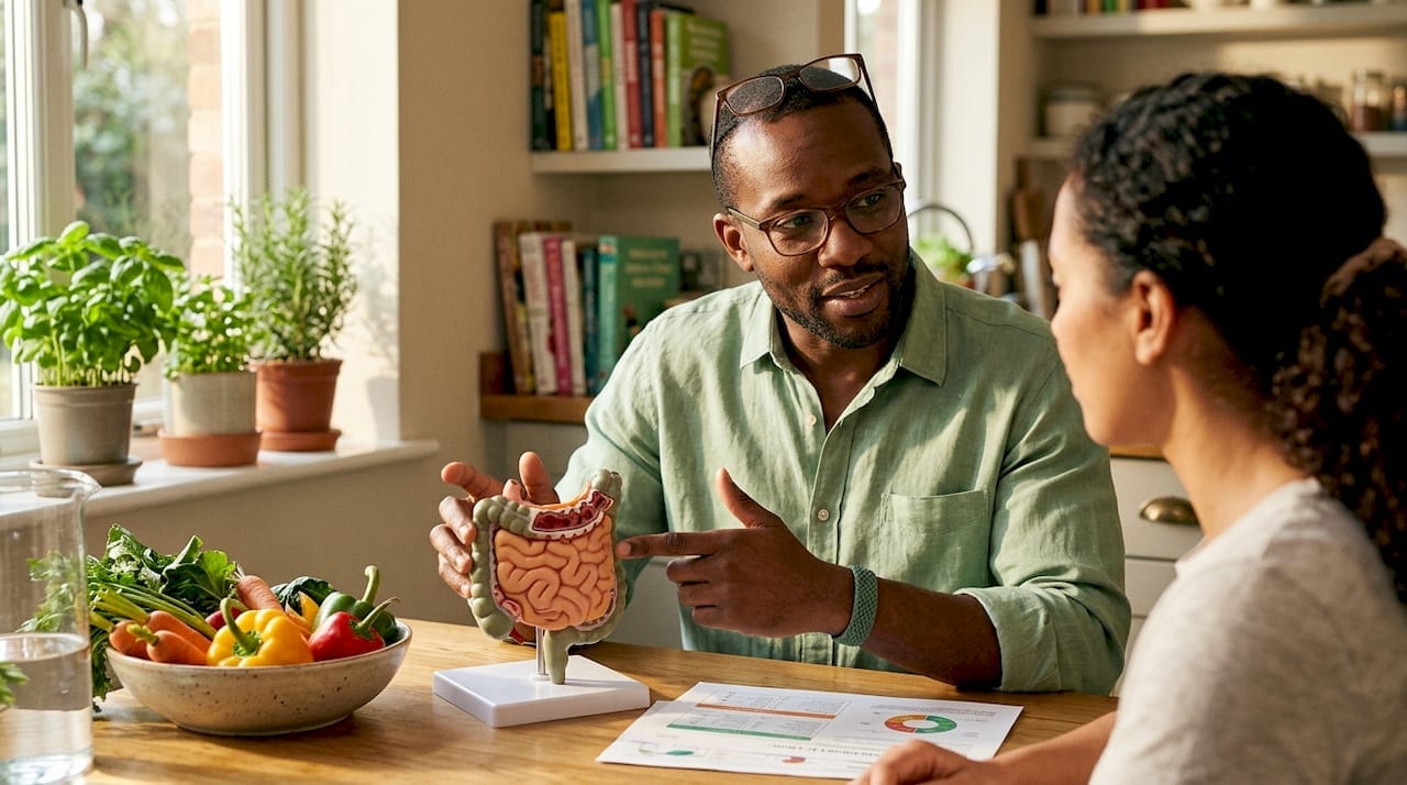 Nutritionist explaining gut hormone signaling to patient