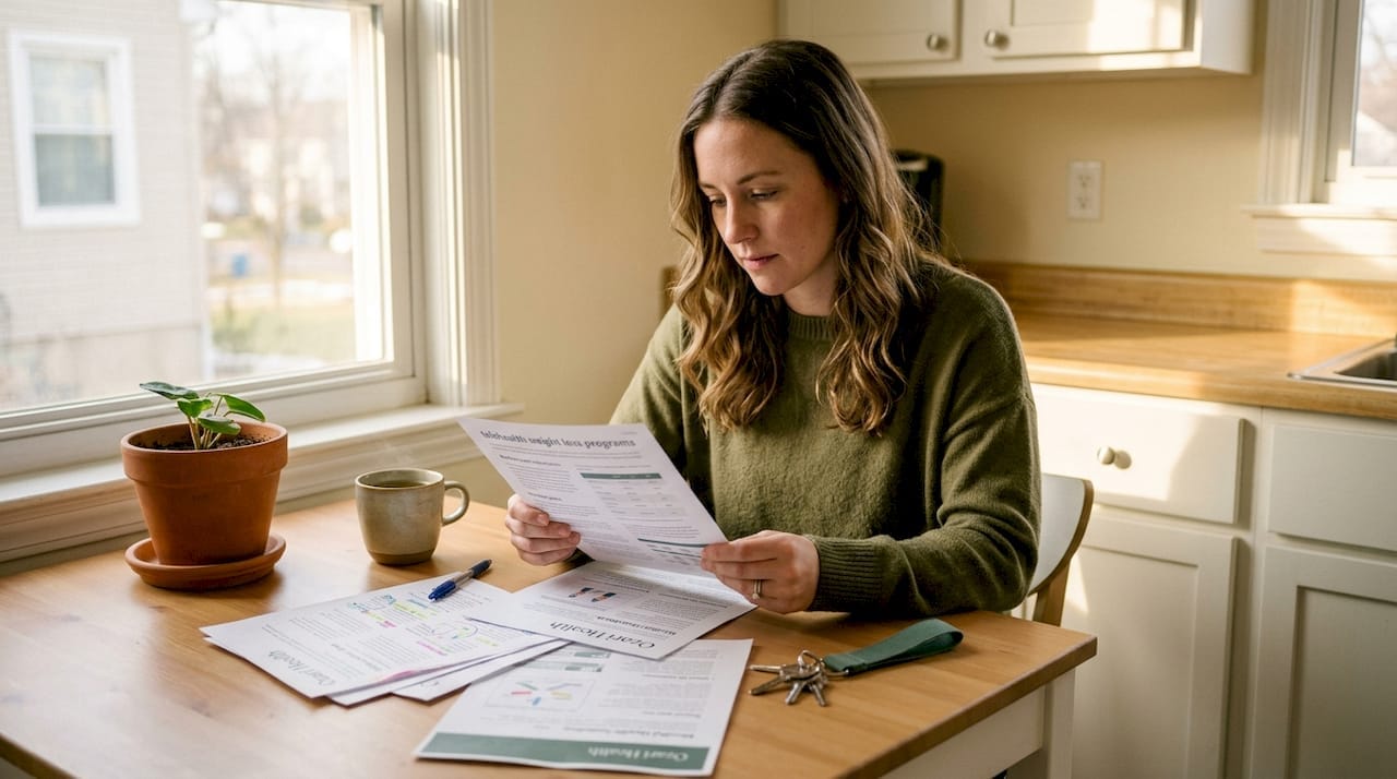 Woman reviewing online weight loss clinic documents