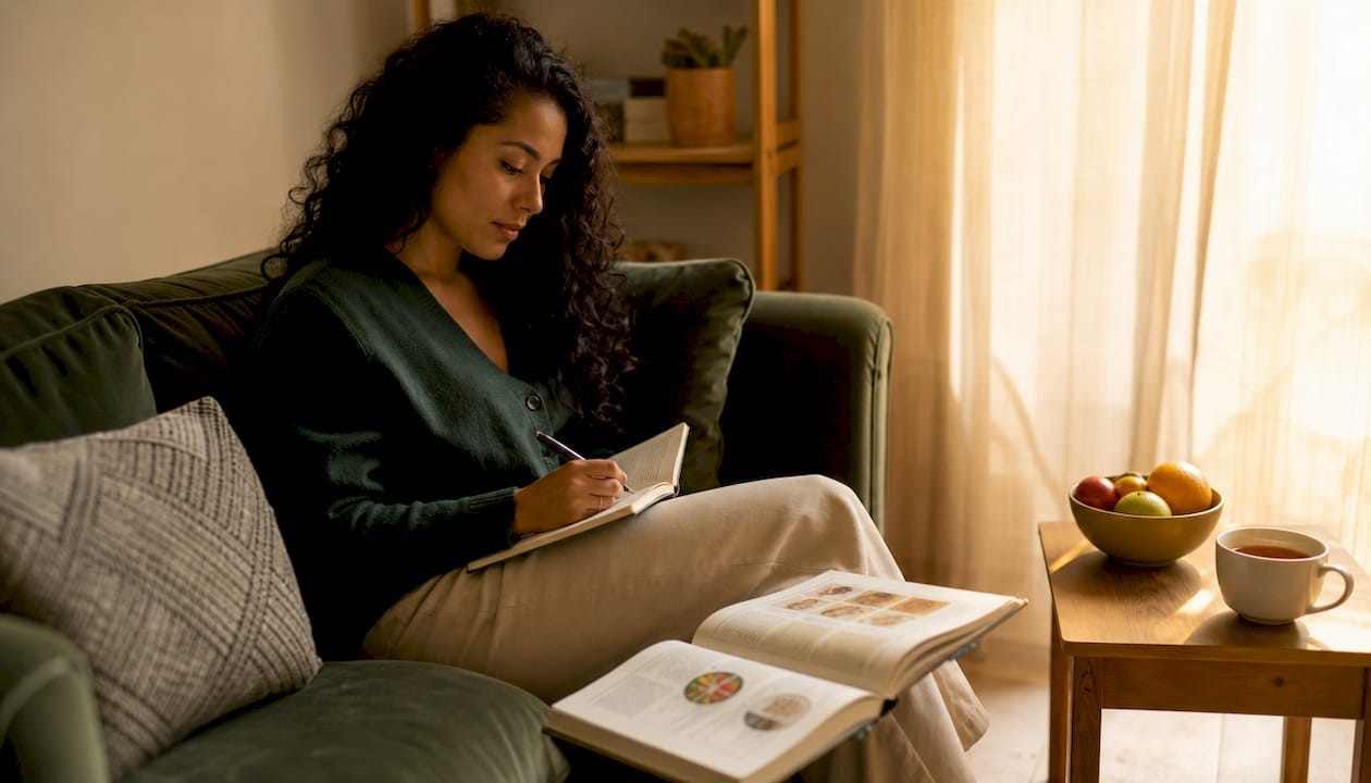 Mujer estudiando sobre las hormonas intestinales y tomando apuntes