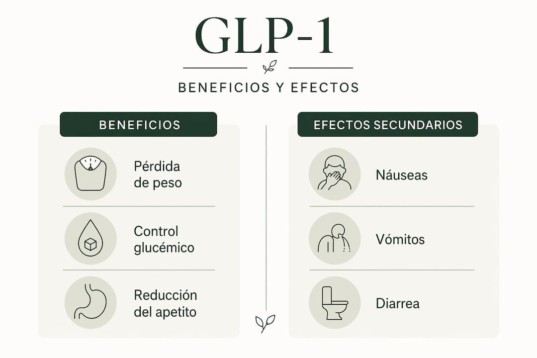 Infografía que muestra las ventajas y posibles efectos secundarios de los medicamentos GLP-1
