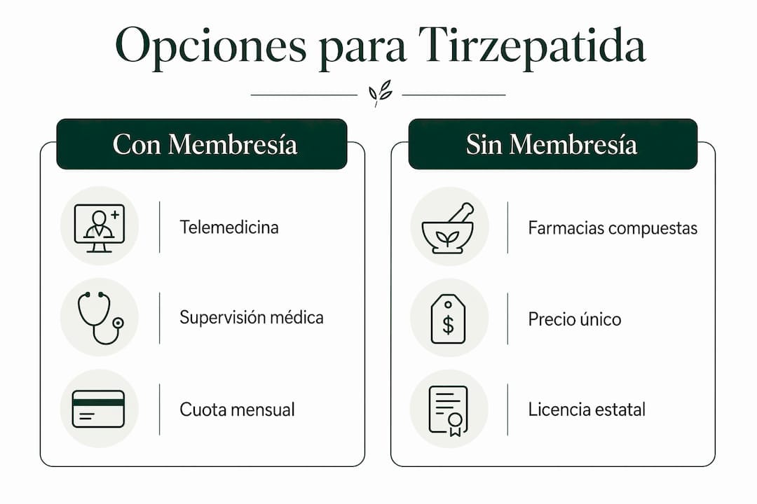 Infografía comparativa: alternativas para adquirir tirzepatida, con y sin suscripción