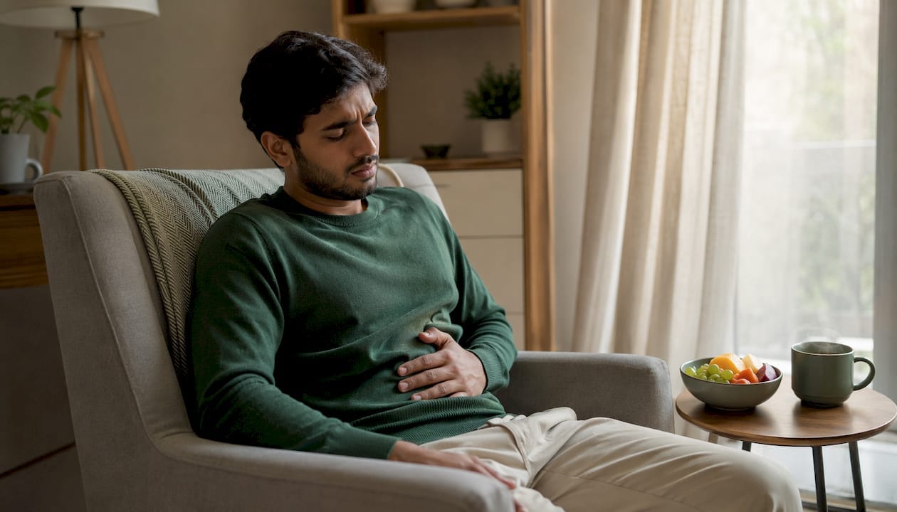 Man experiencing mild stomach discomfort at kitchen table