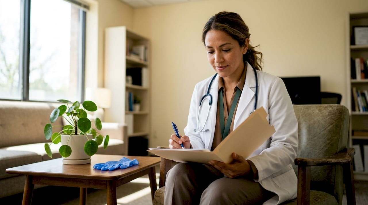 Doctora revisando el historial clínico de una paciente en su consultorio