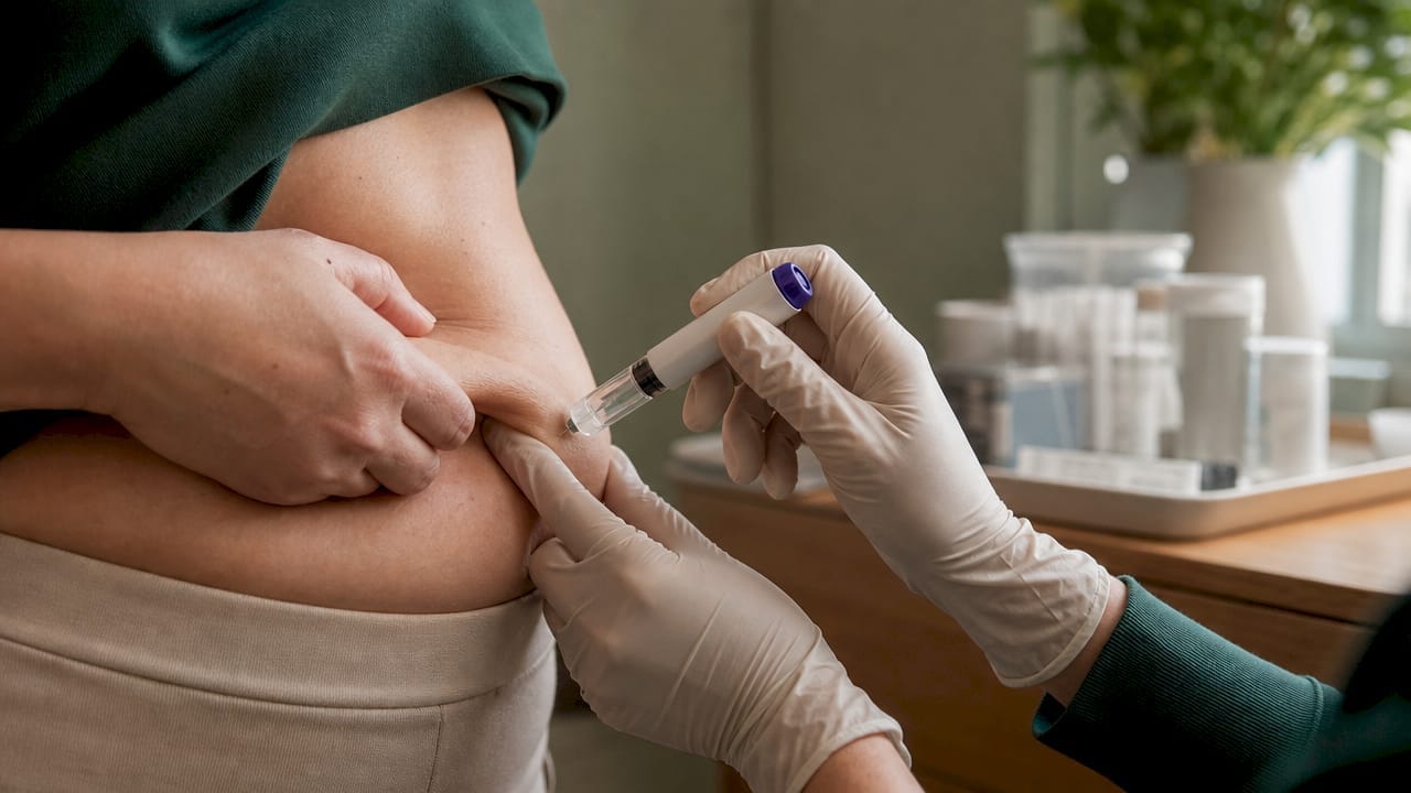 Hands showing tirzepatide injection technique
