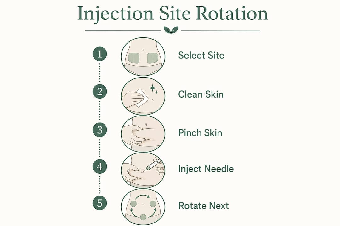 Infographic illustrating tirzepatide injection site rotation steps