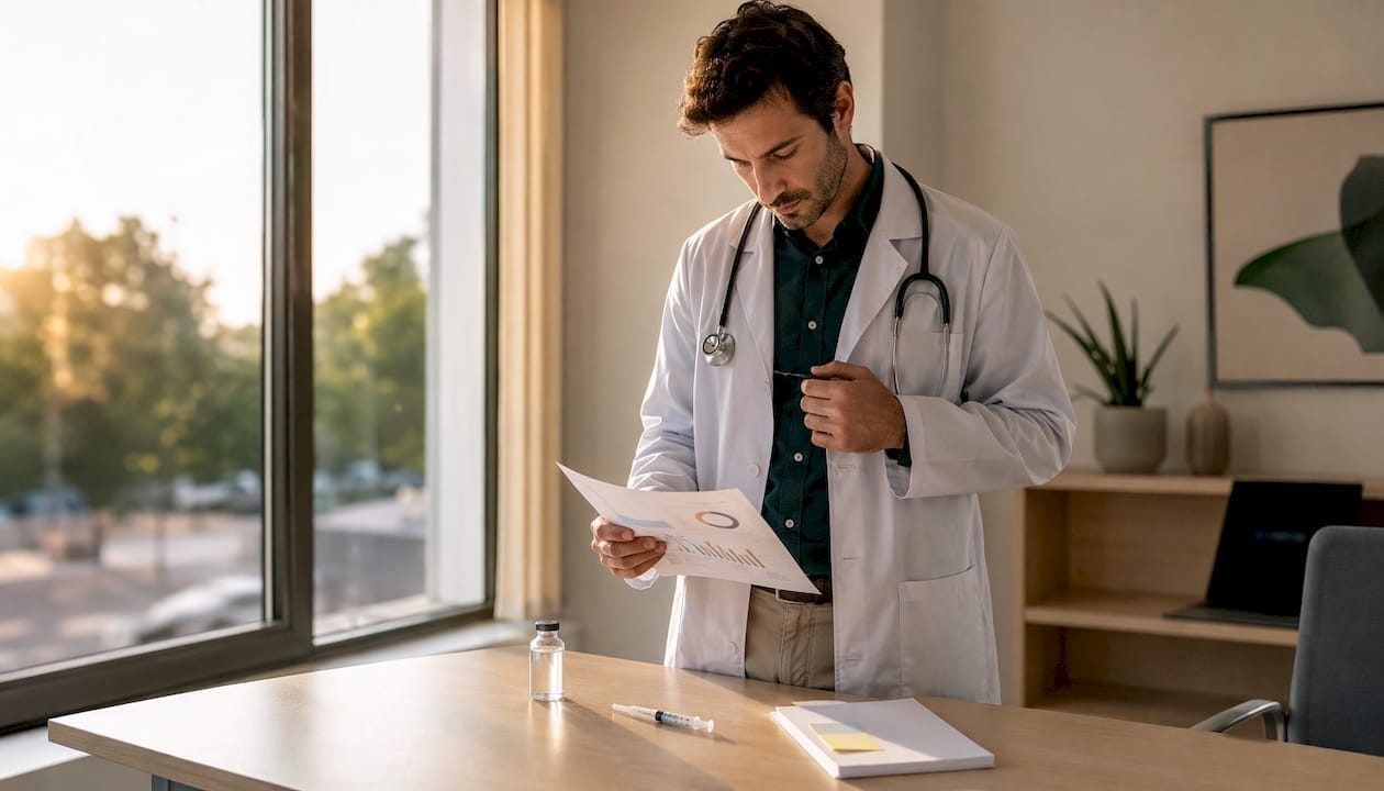 Manos de un médico sosteniendo un estetoscopio y una historia clínica