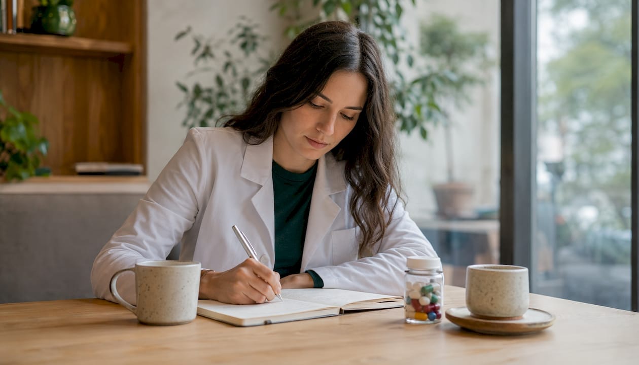 Médico anotando recomendaciones para controlar los efectos secundarios