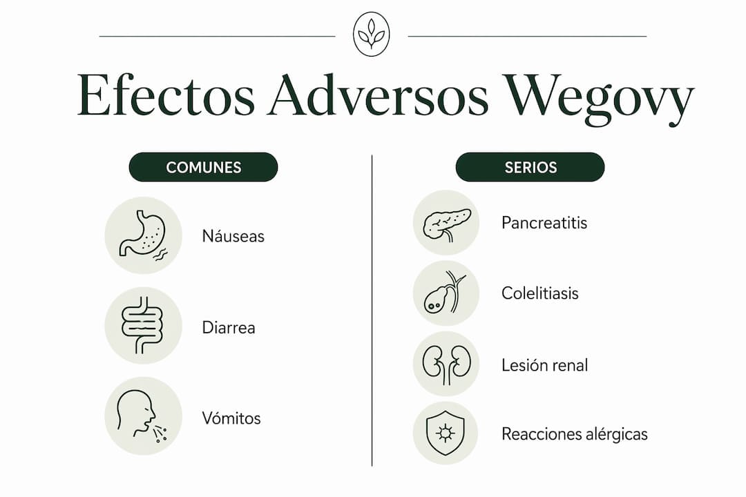 Infografía sobre los efectos secundarios más frecuentes y los más graves de Wegovy