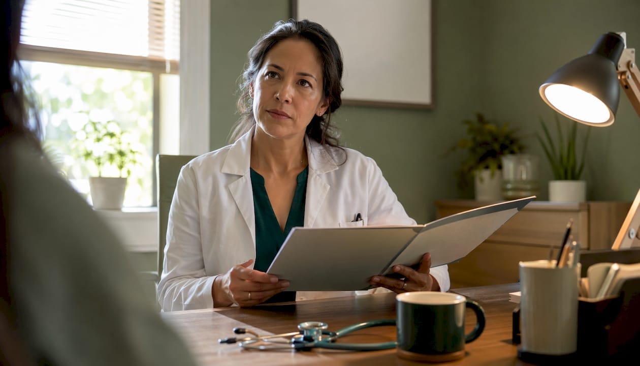 Doctora revisando el historial de posibles contraindicaciones