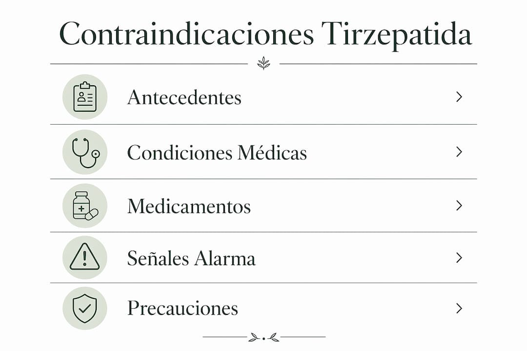 Infografía: advertencias y consideraciones importantes sobre el uso de tirzepatida