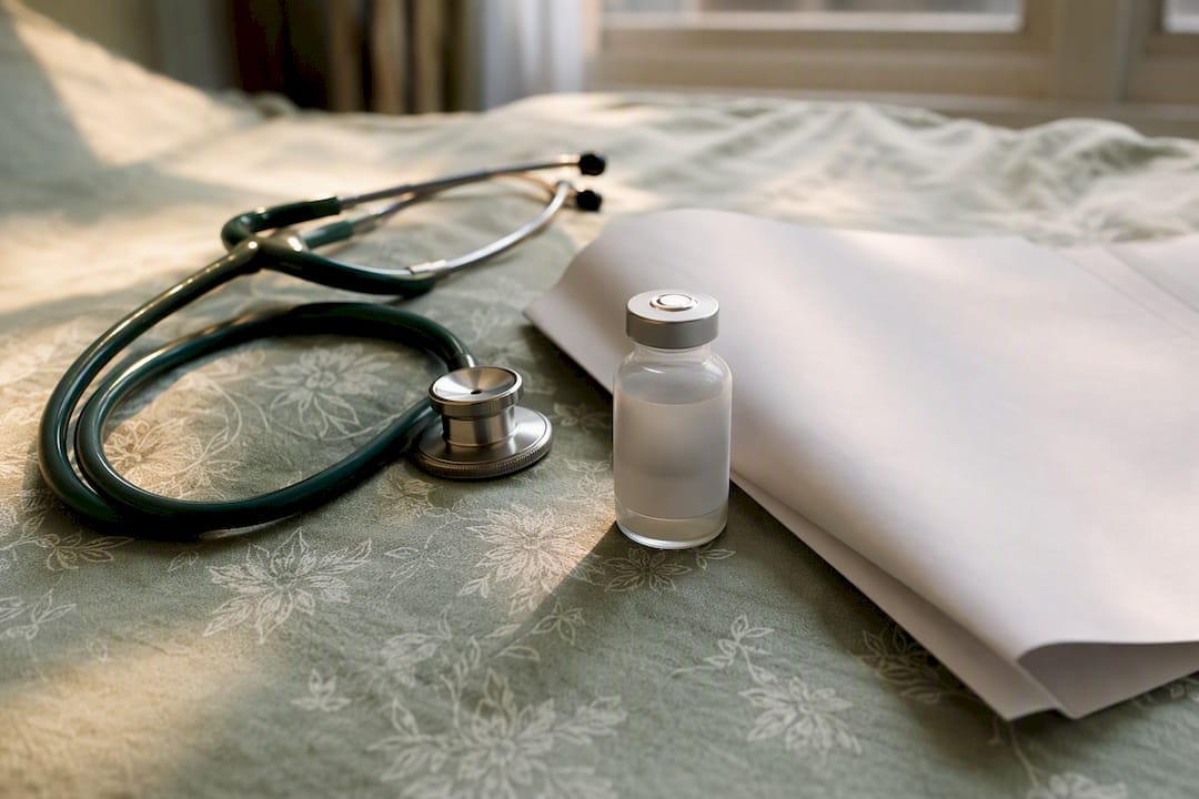 Prescription vial with medical documents and stethoscope