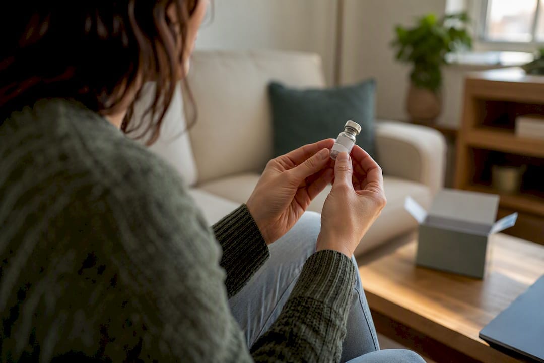 Patient hands inspecting medication vial label