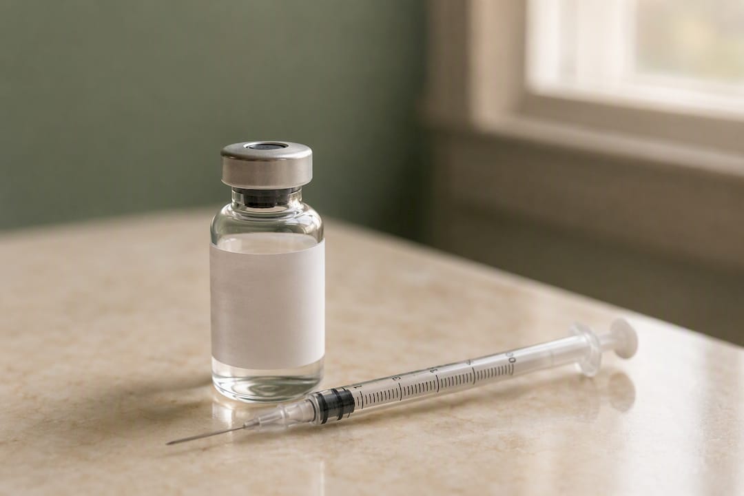 Detalle de un vial de semaglutida preparada junto a una jeringa