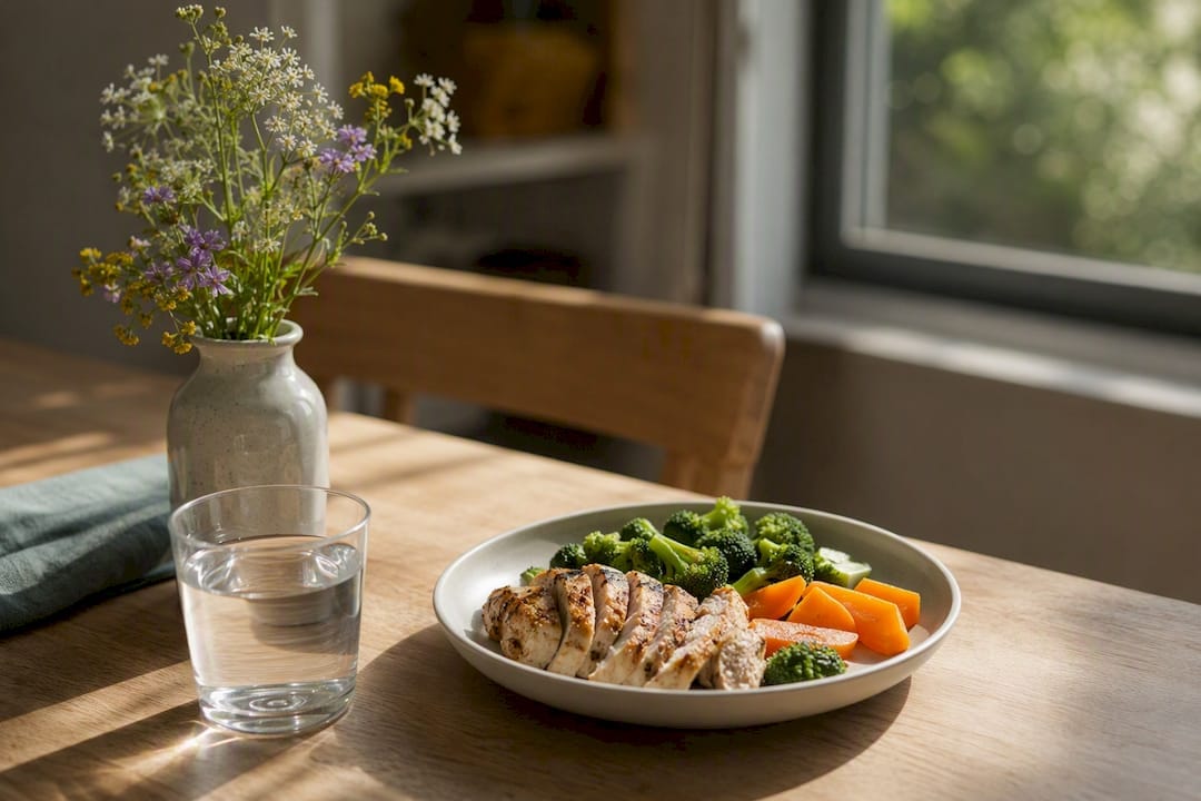 Comida ligera y saludable con un vaso de agua sobre la mesa